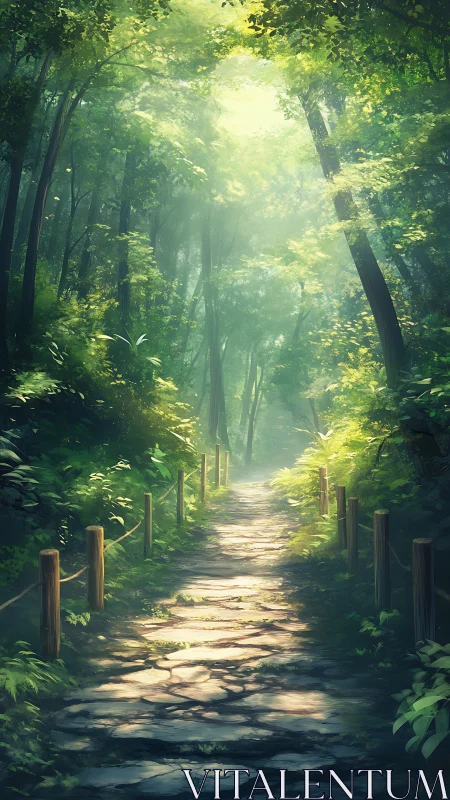 Sunlit Forest Path Through Ancient Trees.