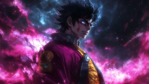 Celestial energy surrounds stern figure in stylized profile