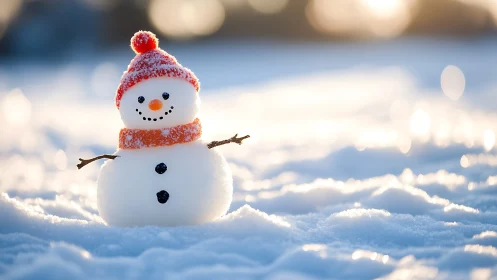 Tiny snowman grins in golden winter light on sparkling snow.