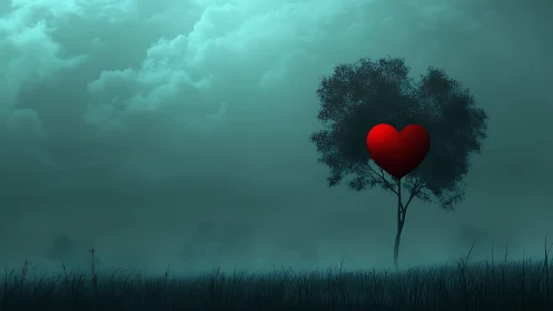 Solitary Heart Tree Against Moody Sky.