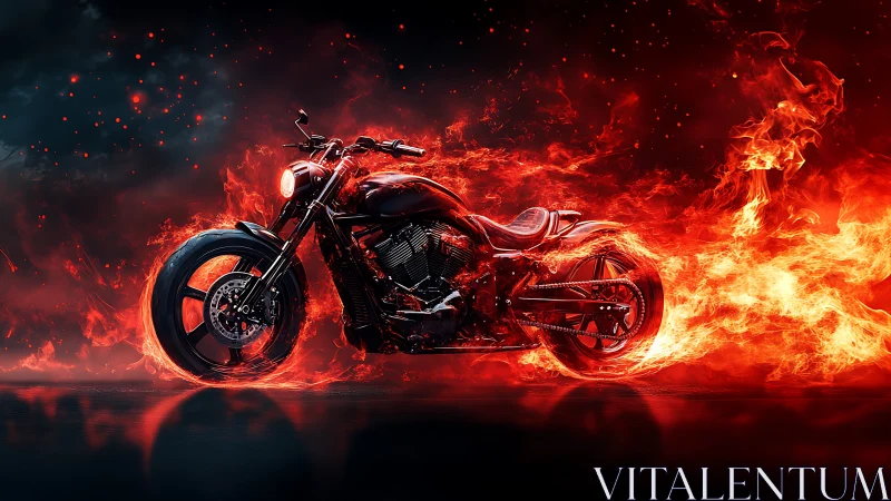 Fire-wreathed custom motorcycle cuts through blazing night.