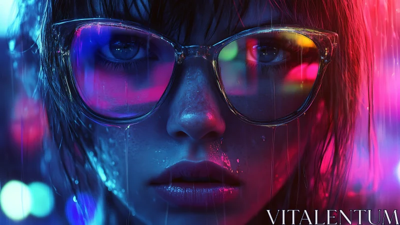 Neon rain wraps a reflective gaze in electric city light