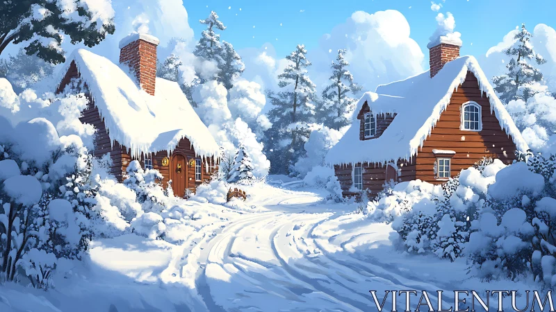 Snow-draped cottages trade chimney whispers under blue skies
