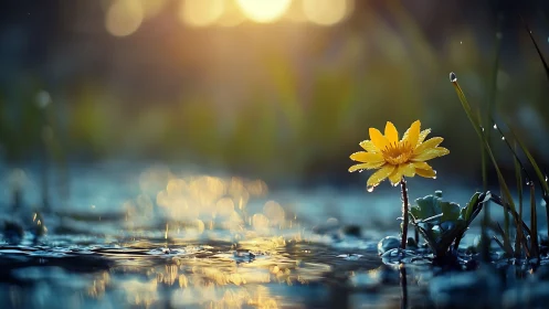Golden wildflower rising through reflective blue rainfall.
