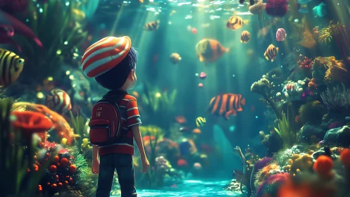 Young explorer wanders through luminous underwater coral world.