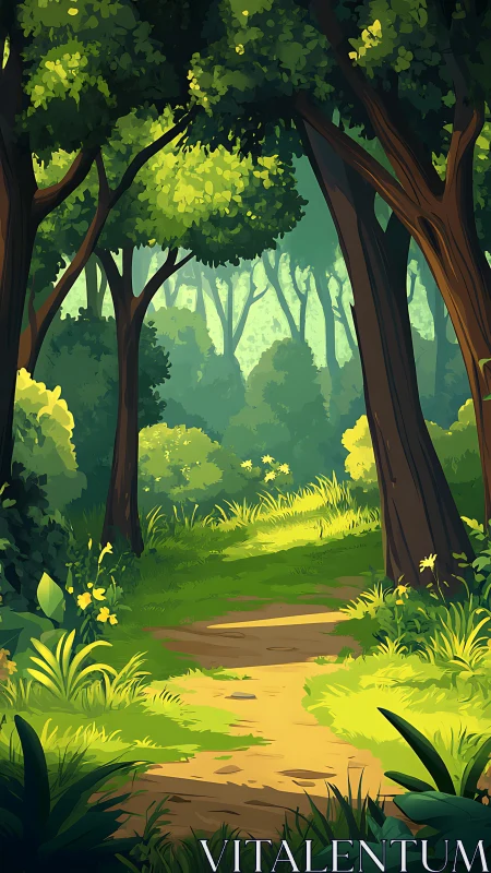 Enchanted Forest Path: Digital Landscape with Luminous Canopy.
