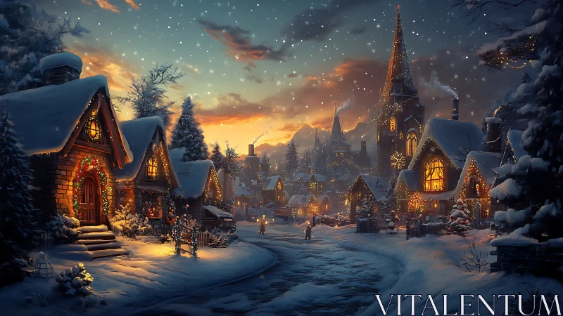 Luminescent winter village streetscape under crystalline snowfall.