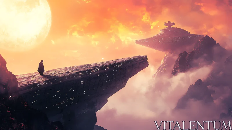 Solitary figure surveys colossal star destroyers at dusk
