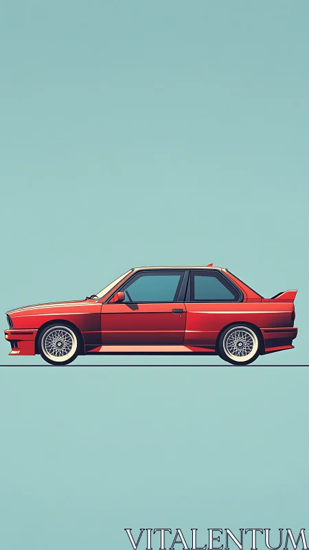 Side profile illustration shows red coupe on flat cyan ground