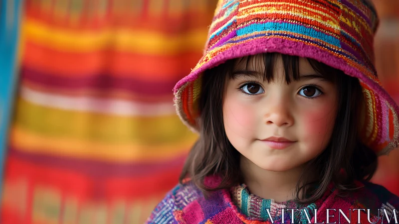 Child wearing striped knit hat with colorful background.