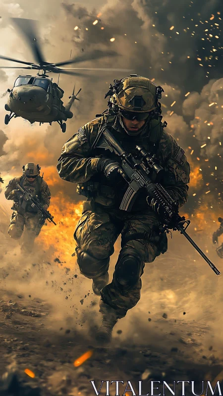 Armored infantry assault advances under low-hovering utility helicopter