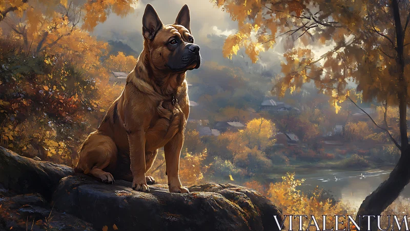 Dog stands on rocky ledge overlooking autumn river valley