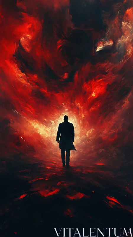 Solitary figure walks into swirling crimson inferno sky.