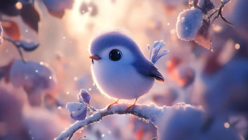 Cute fluffy bird on snowy branch in soft dreamy light, digital art.