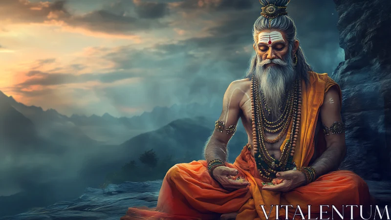 Hindu sage in orange robes meditating on misty mountain plateau.