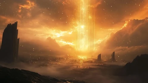 Stellar energy column over eroded alien coastline at dusk