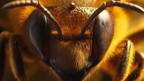 Macro close-up of bee head showing compound eyes and dense setae