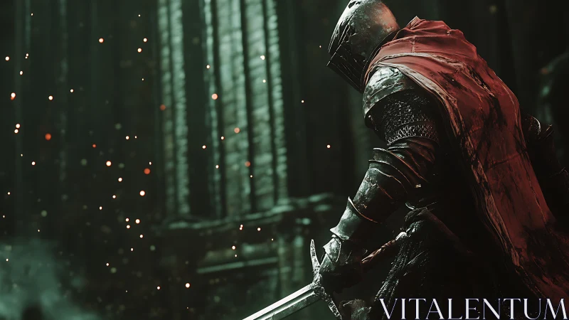 Armored knight under embers in dim gothic cathedral corridor