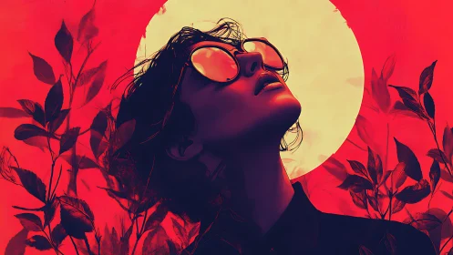 Solar-gazed rebel in neon foliage under a painted moon.