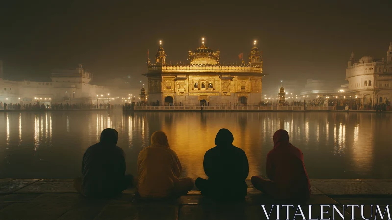 Golden Temple night reflection with seated silhouettes.