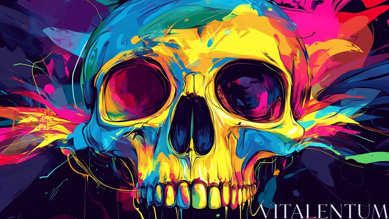 Vibrant neon skull explodes with chaotic urban energy