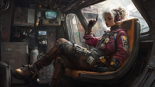 Cyberpunk pilot in cockpit with tactical gear and neon HUD.