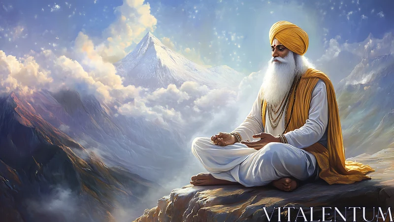 Meditative elder in luminous Himalayan vista rendered digitally