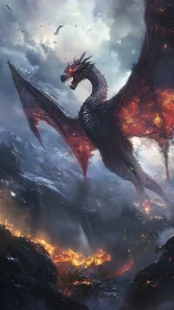 Fire dragon soars over burning volcanic canyon landscape