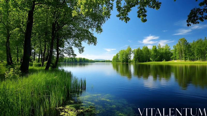 Lakeside forest basks in clear summer light and reflections.