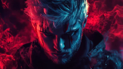 Brooding silver haired man glows in vivid neon smoke light