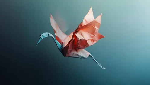 Digitally lit origami bird with gradient atmospheric backdrop.
