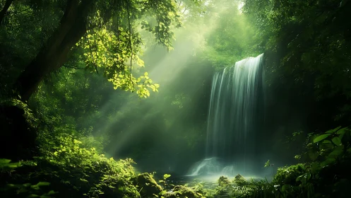 Enchanting Waterfall Glowing in Lush Forest Light