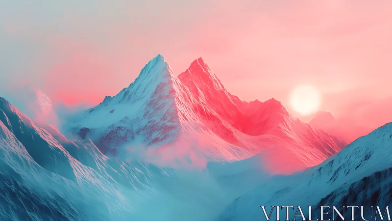 Snow-covered peaks under pink atmospheric lighting at dawn.