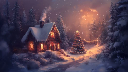 Snowy forest cabin with glowing Christmas tree at dusk.