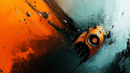 Orange drone crossing cosmic rift between fire and ice.