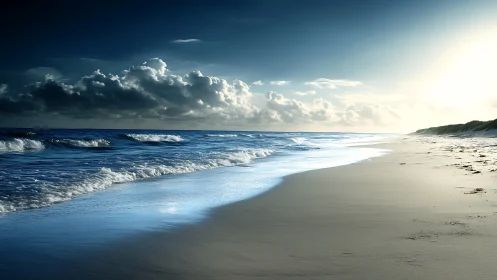 Soft waves embrace a tranquil beach under glowing dawn