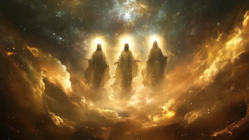 Trinity of luminous robed figures ascends within stellar clouds