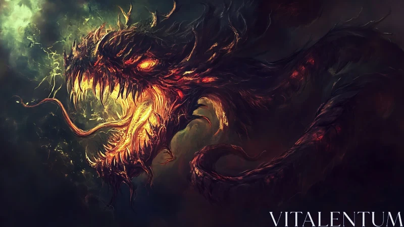 Demonic fire serpent with glowing eyes in stormy darkness.