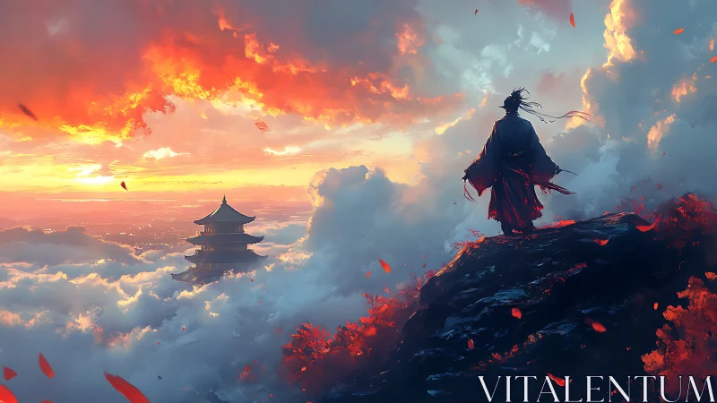 Samurai above the clouds at blazing sunset horizon.