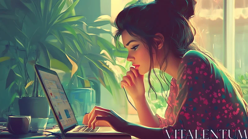 Digital painting of focused woman working on laptop in plants