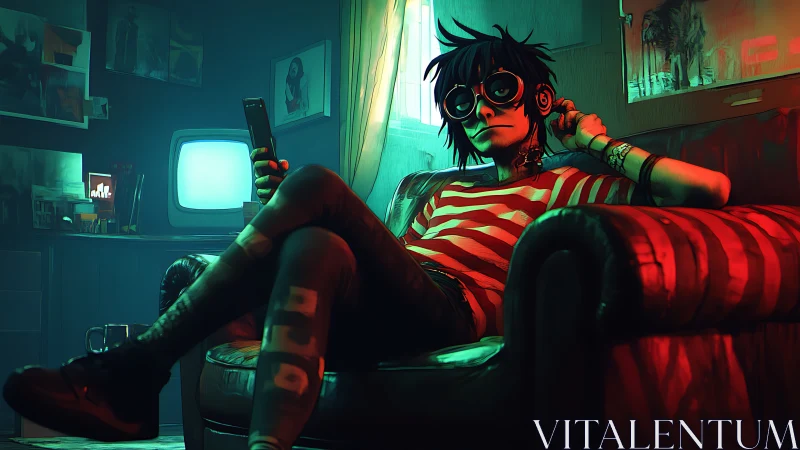 Seated figure with headphones uses phone in neon lit room