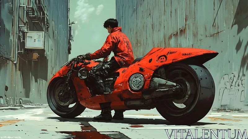 Cybernetic red monowheel motorcycle in industrial alleyway.