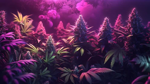 Neon jungle blossoms dance beneath a dreamlit purple sky