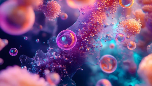 Abstract microscopic cells and bubbles with glowing neon colors.