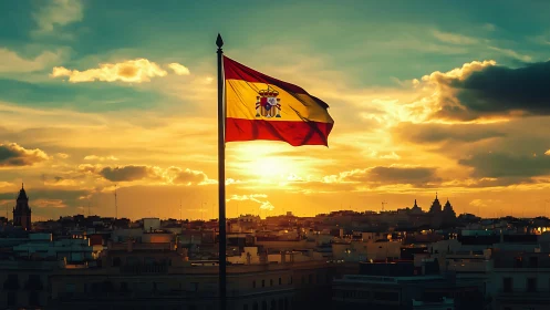Spanish flag over city skyline at vivid urban sunset.