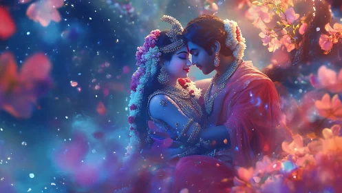 Ethereal Romance: Digital Rendered Dual Figures Amid Chromatic Bloom.