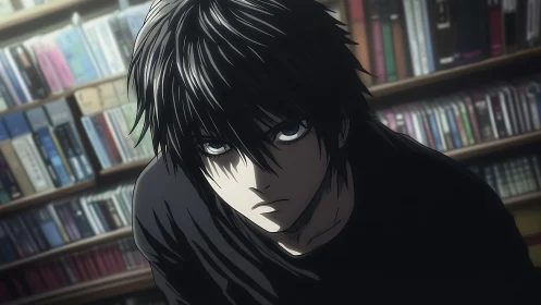 Intense anime bookworm lost in deep, shadowy thought.