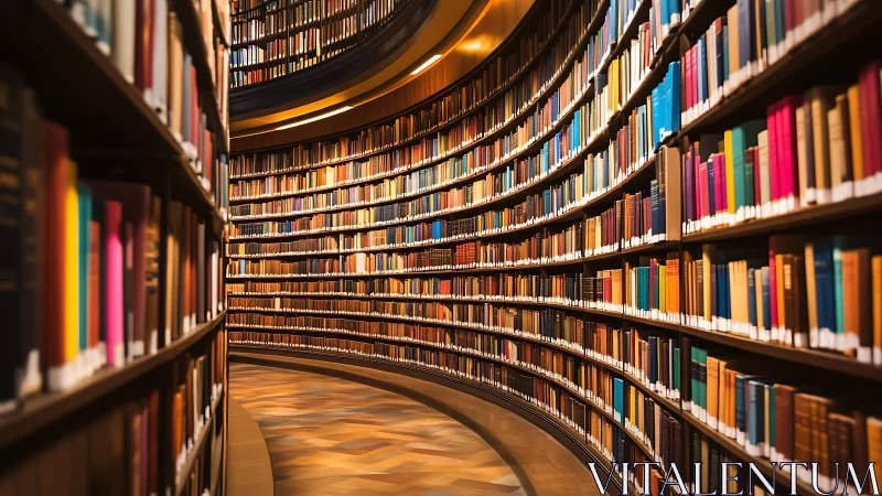 Curved library corridor with densely packed bookshelves.