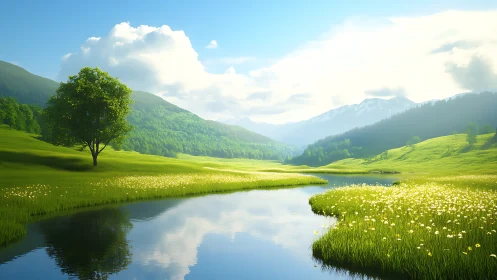 Sunlit meadow river whispering beneath distant silver peaks.