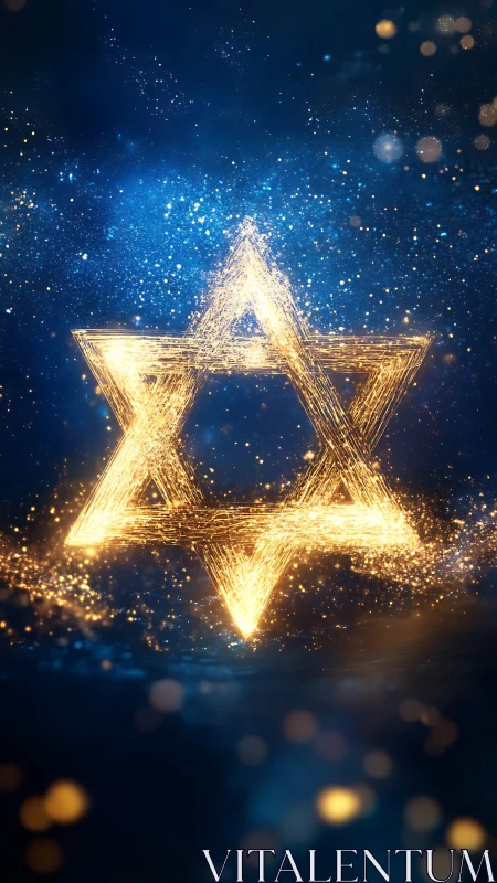 Golden Star of David glowing gently in a deep blue night sky.